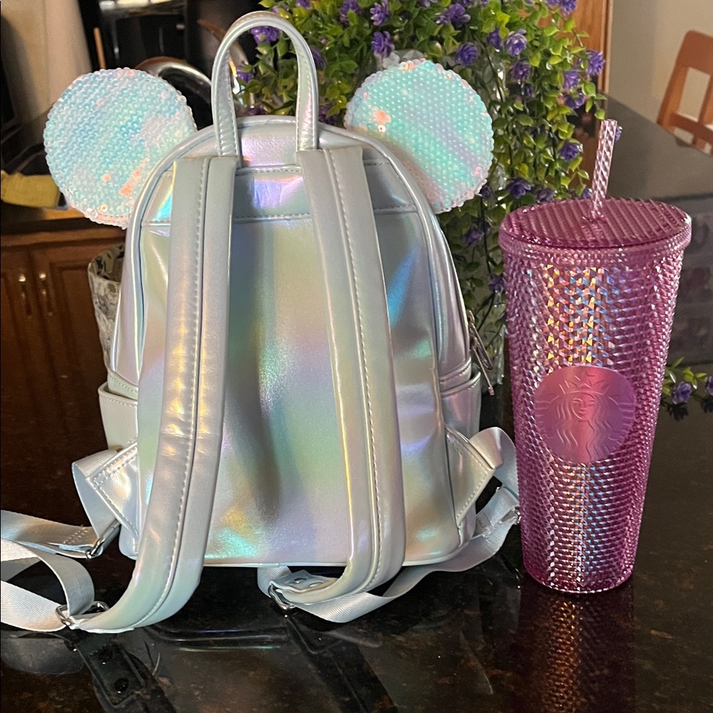 Disney Iridescent sequin Loungefly Minnie Mouse Backpack w/ Disney World Cup - Picture 8 of 10